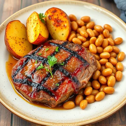 Bistecca alla fiorentina con contorno di patate arrosto e fagioli cannellini