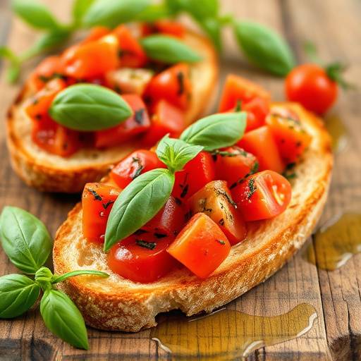 Bruschetta Toscana: fette di pane tostato con pomodori freschi, basilico e olio d'oliva.