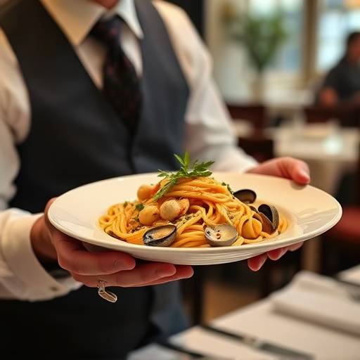 Cameriere gentile che serve un piatto di spaghetti alle vongole.