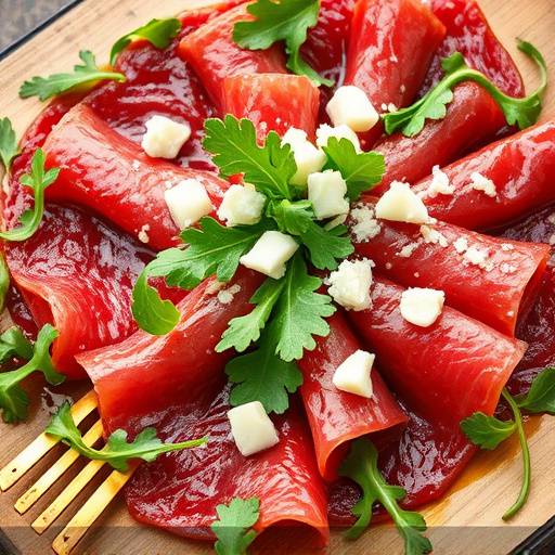 Carpaccio di manzo: sottili fette di carne cruda con rucola e Grana Padano.