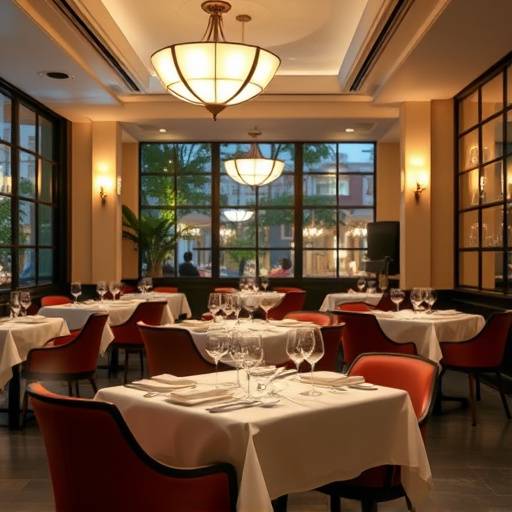 Interno elegante del ristorante La Dolce Vita con tavoli apparecchiati e luci soffuse