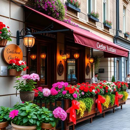 L'esterno del ristorante decorato con fiori freschi.
