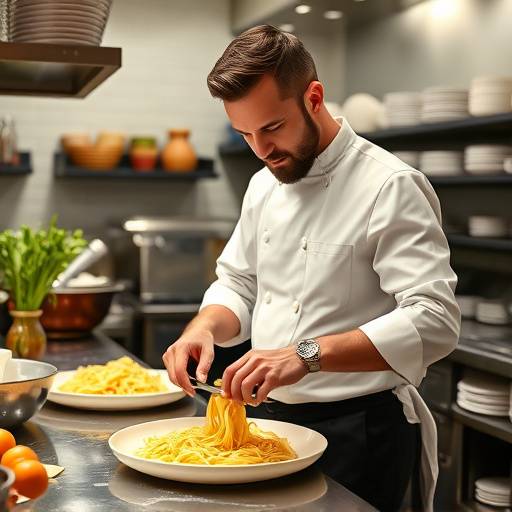 Lo chef Alessandro prepara la pasta fresca nella cucina del ristorante
