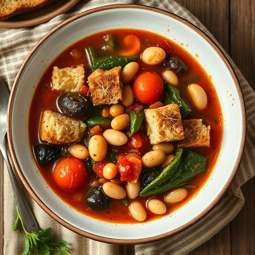 Piatto di ribollita toscana con pane raffermo, verdure e fagioli cannellini