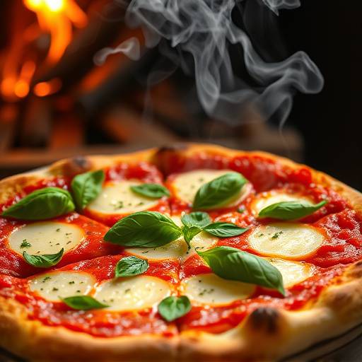 Pizza Margherita fumante appena sfornata con basilico fresco.