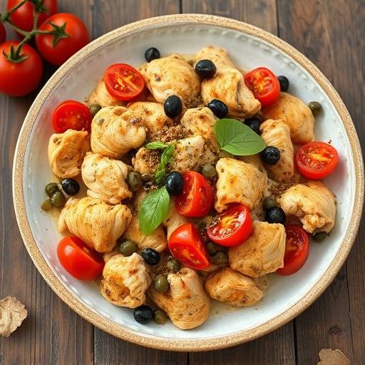 Pollo alla cacciatora con pomodoro, olive e capperi.