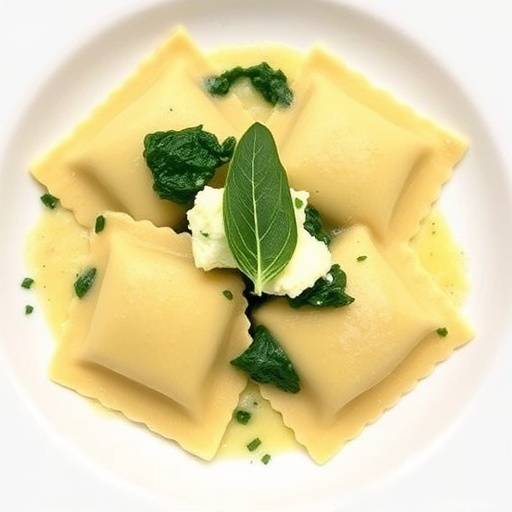 Primo piano di un piatto di ravioli ripieni di ricotta e spinaci con burro e salvia.