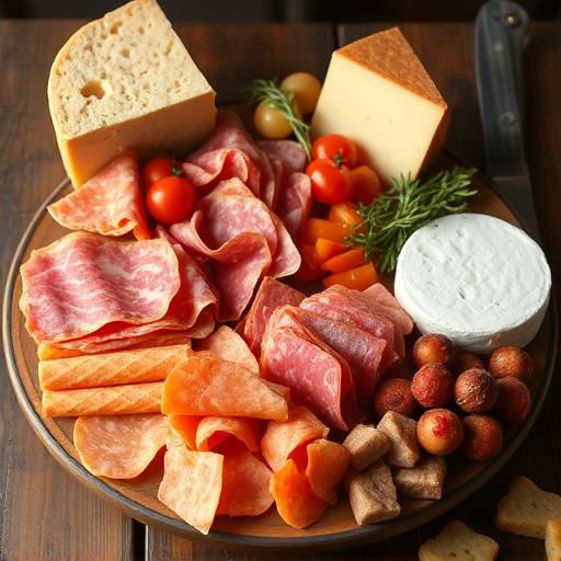 Tagliere di salumi e formaggi toscani con prosciutto, salame, pecorino e miele.