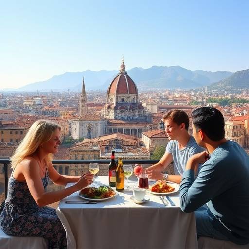 Tavolo apparecchiato per un pranzo di famiglia con vista sul Duomo di Firenze.