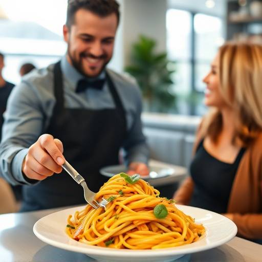 Un cameriere che serve un piatto di pasta fresca a un cliente sorridente