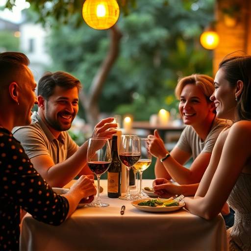 Un gruppo di amici che ride e si diverte a cena da La Dolce Vita.