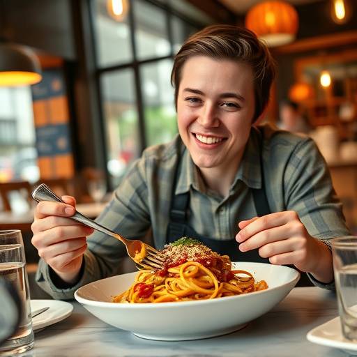 Una cliente che sorride mentre gusta un piatto di pasta fresca.