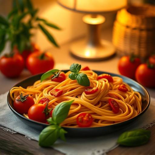 Una tavola imbandita con pasta fresca, pomodori e basilico, illuminata dalla luce calda di una lampada.