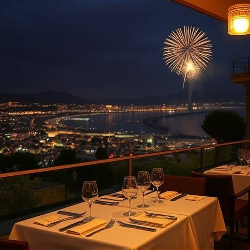 Una vista del ristorante durante la notte di San Lorenzo, con fuochi d'artificio in lontananza.